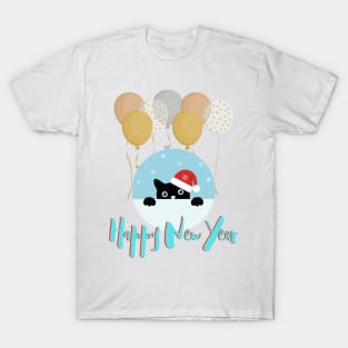 HAPPY NEW YEAR! Black Cute Kitten Cat T-Shirt